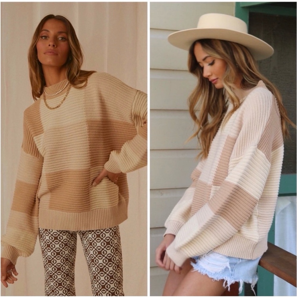 PEPPERMAYO Tulum Nights Neutral Patchwork Knit Checkered Jumper Sweater Size S